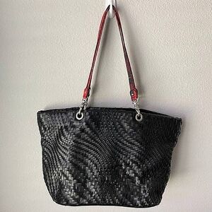 Coldwater Creek  Black Woven Tote Bag Red Plaid Straps